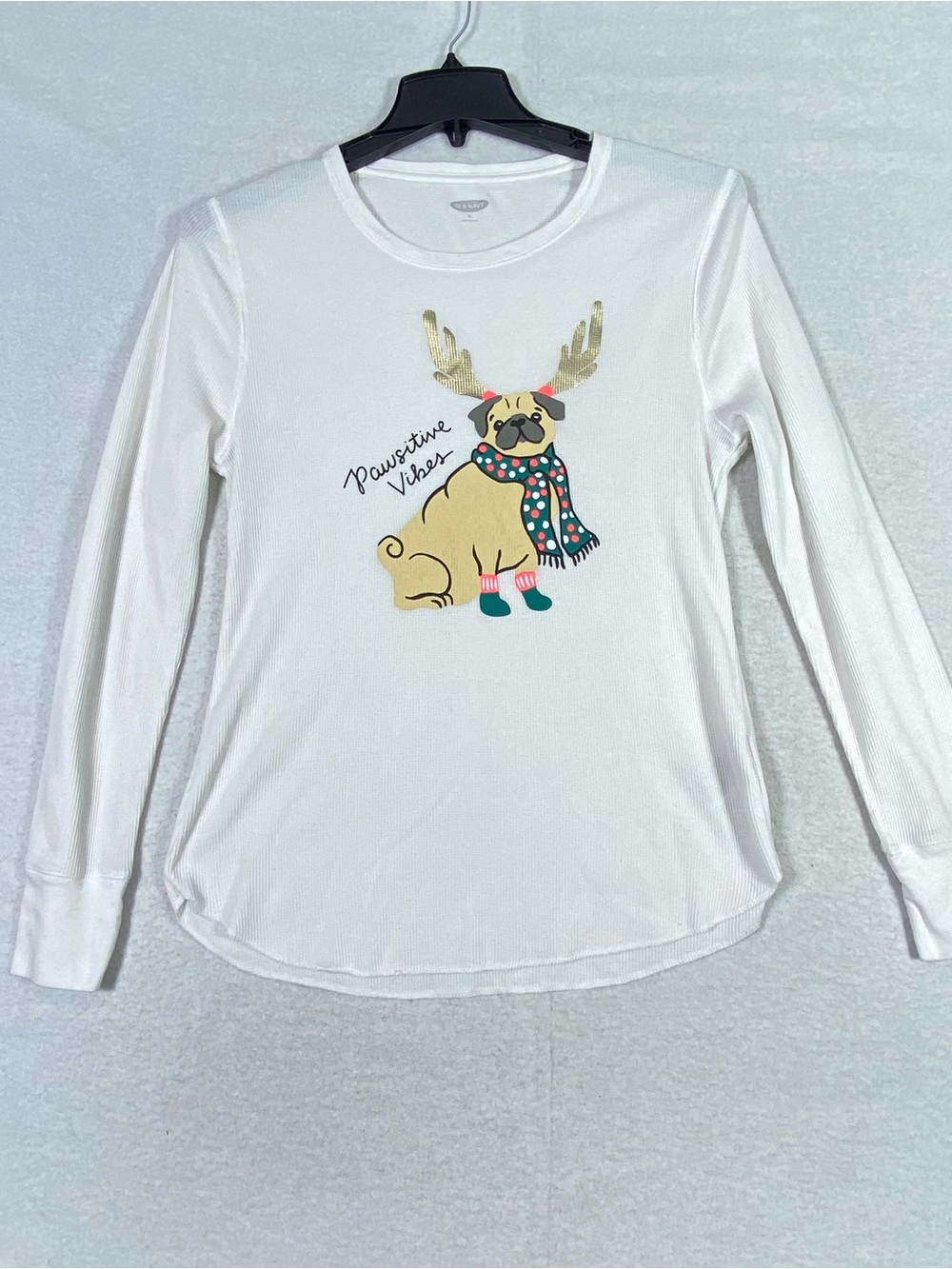 Old Navy Long Sleeve Thermal Waffle Knit Tee Womens XL White Pawsitive Vibes Pug